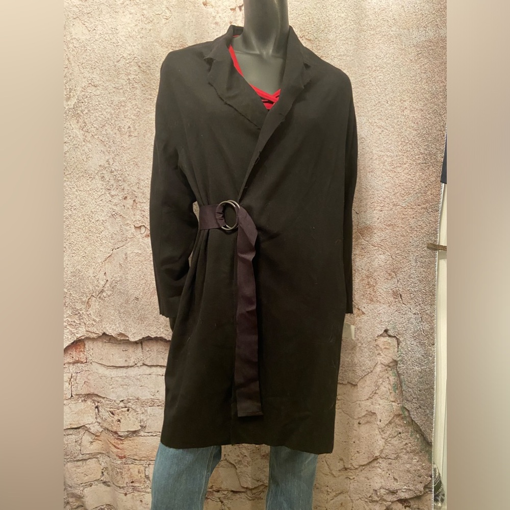 Izzue Collection Black Raw Edge Wool Blend Wrap Blazer